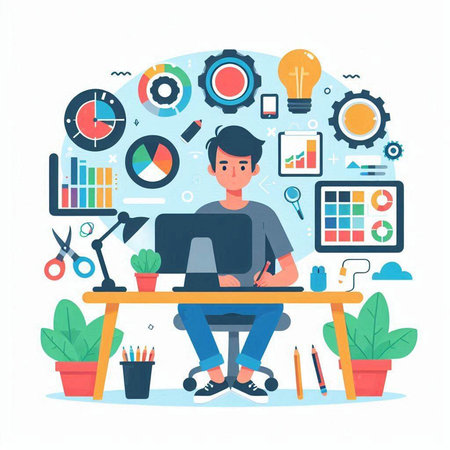 Businessman working at his desk in office. Flat vector illustration.のイラスト素材