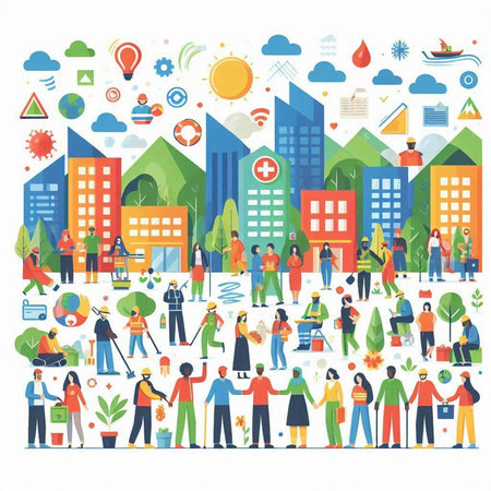 Flat design vector illustration concept of city life, environment protection, social distance, social distancing, coronavirus pandemic.のイラスト素材