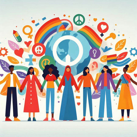 Group of people with social media icons. Vector illustration in flat styleのイラスト素材