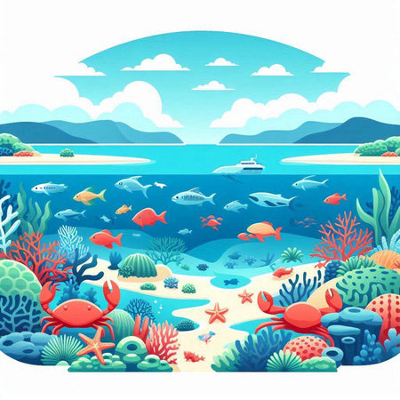 Underwater landscape with coral reef, fish and crabs. Vector illustration.のイラスト素材