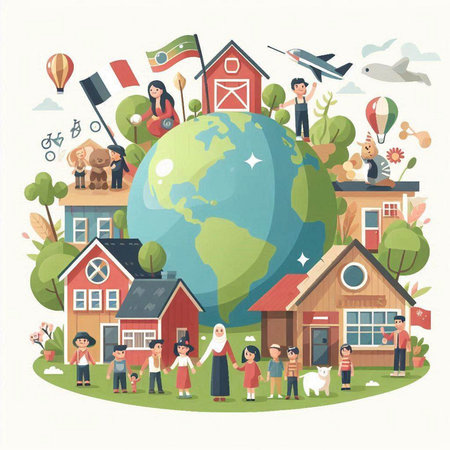 Children around the world. Vector illustration in flat cartoon style. Kids and their parents.のイラスト素材