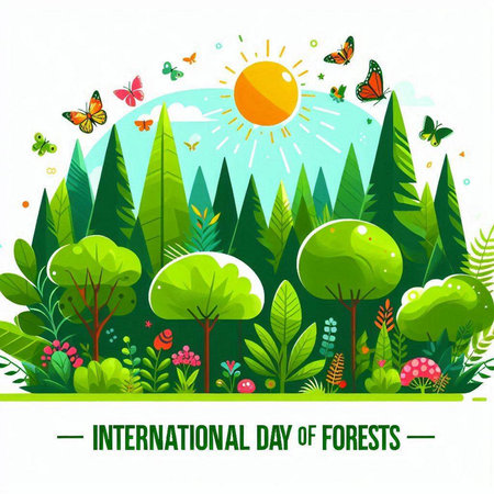 Vector illustration of forest landscape with trees, grass, sun and butterfliesのイラスト素材