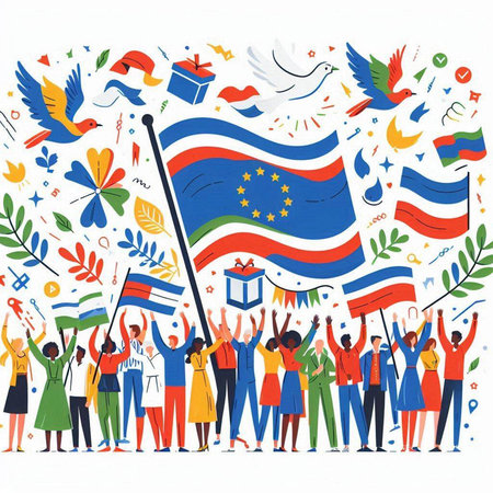 Crowd of people waving flag of the European Union. Vector illustration.のイラスト素材