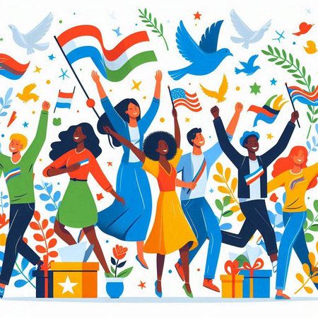 Happy international people with flags, gift boxes and pigeons. Vector illustration.のイラスト素材