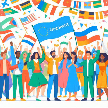 Group of happy people holding flags of European Union vector illustration. Group of young people holding flags of Europe and United Kingdom on background of flags.のイラスト素材