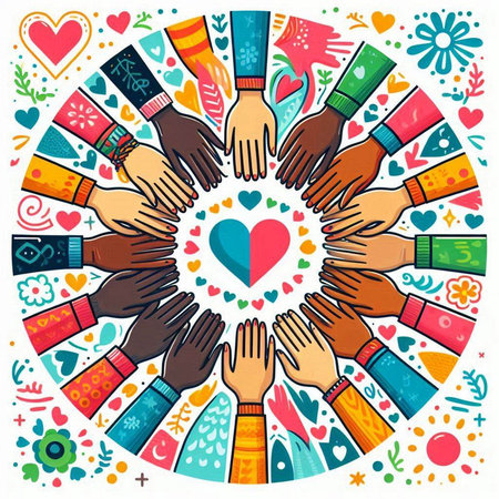 Hands of different ethnicities around the heart. Vector illustration.のイラスト素材