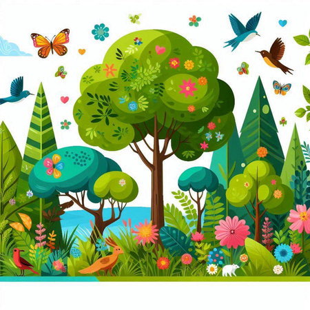 Nature background with trees, flowers, butterflies and birds. Vector illustration.のイラスト素材