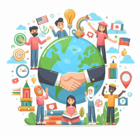 Group of diverse people standing around the globe and shaking hands. Vector illustration.のイラスト素材
