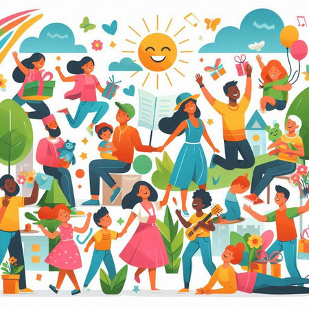 Happy people spending time together. Vector illustration in flat cartoon style.のイラスト素材