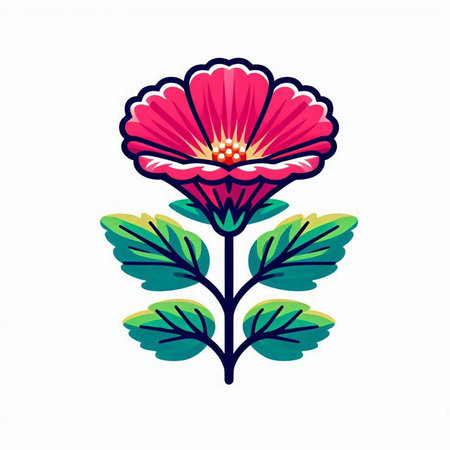 Illustration of a pink flower with green leaves on a white backgroundのイラスト素材