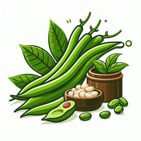 Vector illustration of fresh green beans with leaves and seeds in a wooden bowl.のイラスト素材