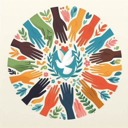 Circle of hands with a dove in the center. Vector illustration.のイラスト素材