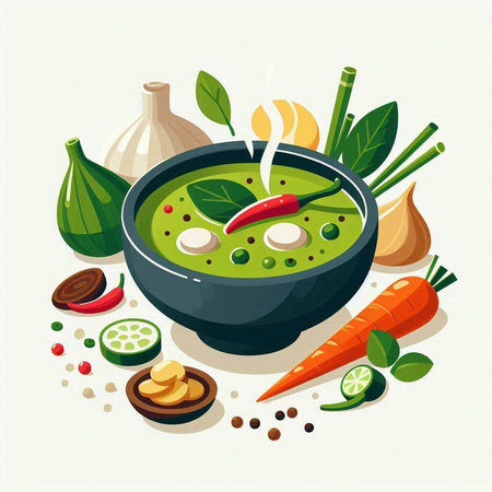 Green curry soup in bowl with vegetables and spices. Vector illustration.のイラスト素材