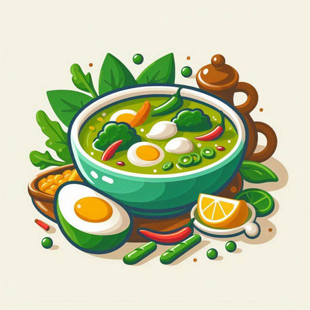 Green soup with vegetables and eggs. Vector illustration in cartoon style.のイラスト素材