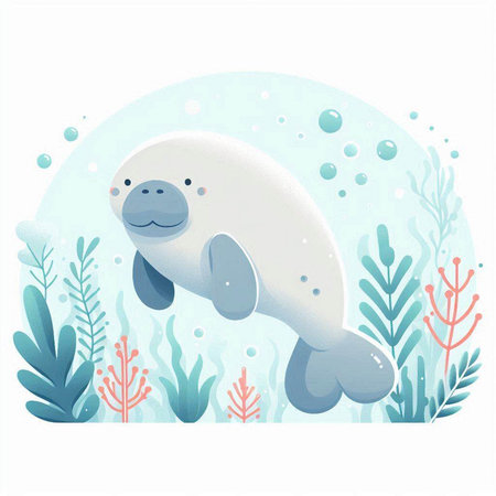 Cute cartoon seal on a background of seaweed. Vector illustration.のイラスト素材