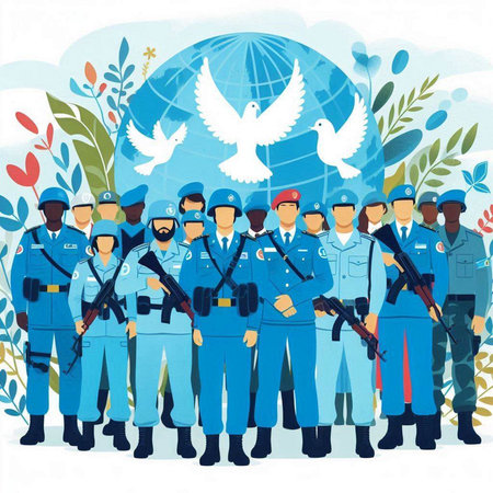 Illustration of a group of soldiers and a dove of peace.のイラスト素材