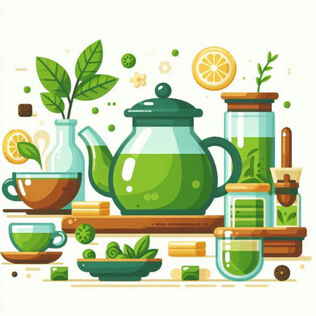 Green tea set. Teapot, cup, teabags, leaves, lemon, cinnamon, mint. Vector illustrationのイラスト素材