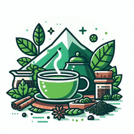Cup of tea with green leaves and mountains. Vector illustration.のイラスト素材