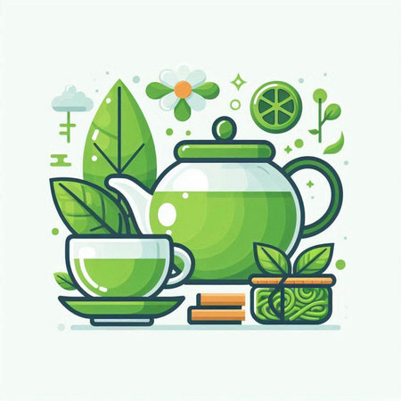 Cup of tea, teapot and green leaves. Vector illustration.のイラスト素材