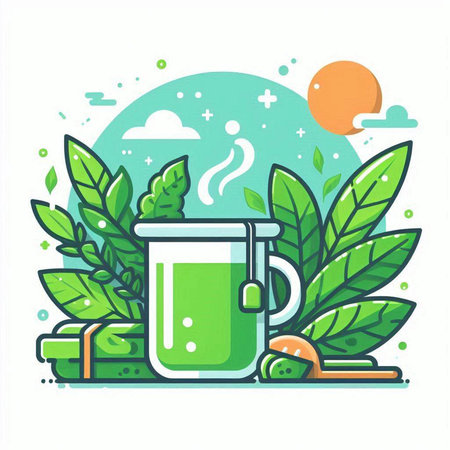 Cup of green tea with leaves. Vector illustration in flat style.のイラスト素材