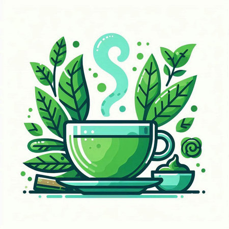 Cup of tea with green leaves and steam. Vector illustration.のイラスト素材