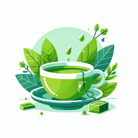 Green tea in a cup on a white background. Vector illustration.のイラスト素材