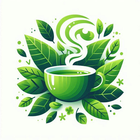 Green cup of tea with leaves. Vector illustration for your design.のイラスト素材