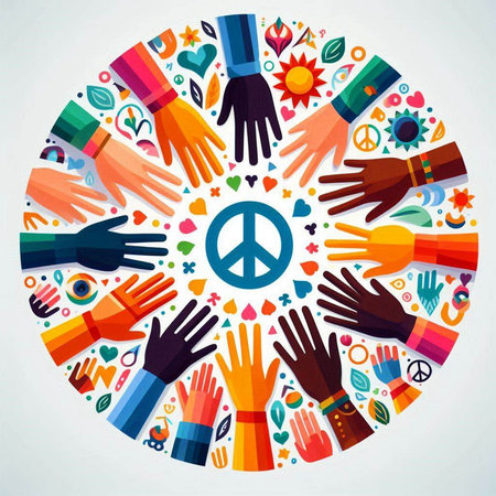 Hands around peace sign in circle shape. Vector illustration. World peace day concept.のイラスト素材