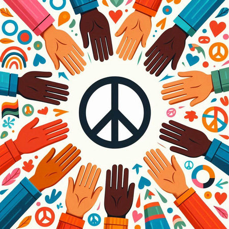 Hands of diverse people around a peace sign. Vector illustration.のイラスト素材