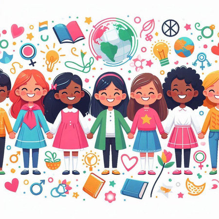 Back to School, Education Concept. Vector Illustration of Cute Cartoon Kids with School Icons.のイラスト素材