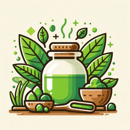 Green tea in a glass jar. Vector illustration in flat style.のイラスト素材