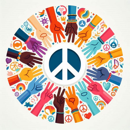 Circle of hands with peace sign in center, vector illustration.のイラスト素材