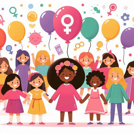 International Womens Day. Happy young women holding hands and standing in the crowd. Vector illustration.のイラスト素材