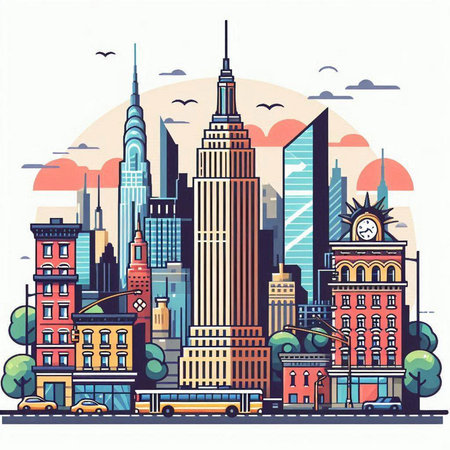 Cityscape of New York City. Vector illustration in flat style.のイラスト素材