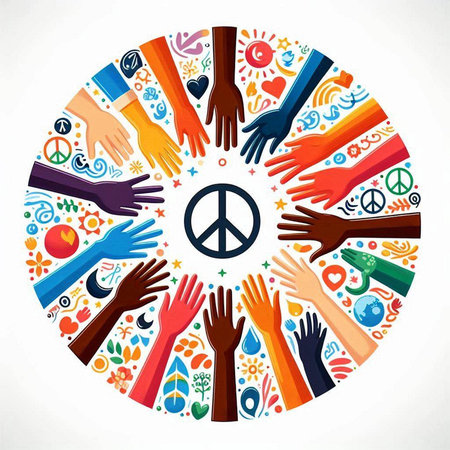 Circle of hands with peace symbol and icons. Vector illustration.のイラスト素材