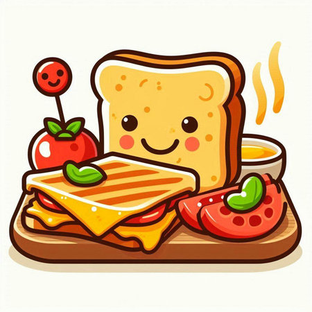 Illustration of a Smiling Toast Sandwich with Tomato Sauce and Breadのイラスト素材