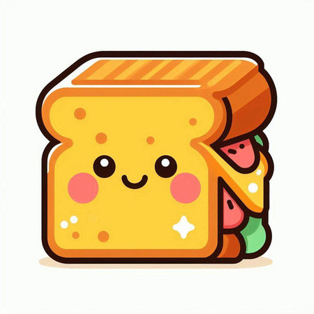 Cute cartoon sandwich with cheese, ham, tomato and lettuce. Vector illustration.のイラスト素材