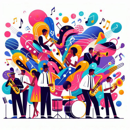 Vector illustration of jazz music festival. Group of people playing musical instruments and singing on white background.のイラスト素材