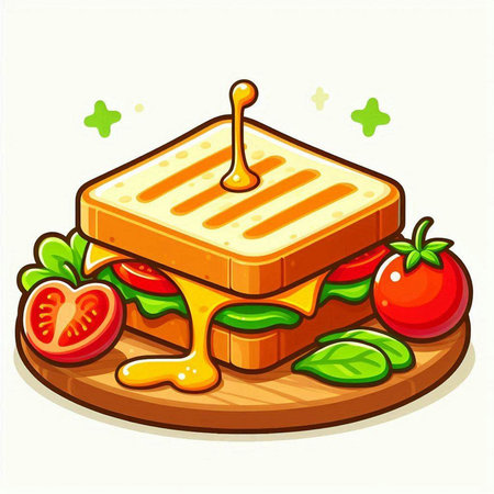 Illustration of a cheese sandwich with tomato sauce on a wooden boardのイラスト素材