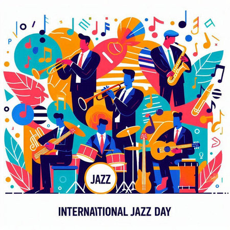 International Jazz Day. Vector illustration in flat style with musical instruments.のイラスト素材
