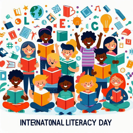 International Literacy Day. Group of children reading books. Flat design vector illustration.のイラスト素材