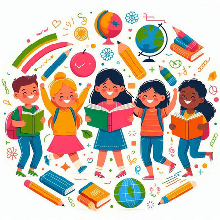 Vector illustration of group of children with books and pencils in the circleのイラスト素材