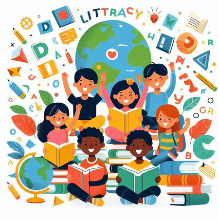 Vector illustration of happy kids reading books and having fun at school.のイラスト素材