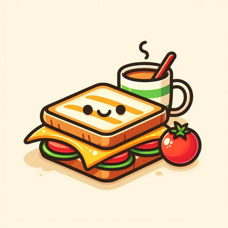 Sandwich with coffee and tomato. Cute cartoon vector illustration.のイラスト素材