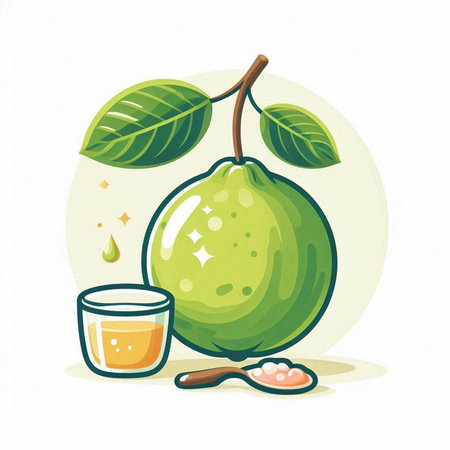 Fresh guava fruit and a glass of juice. Vector illustration.のイラスト素材