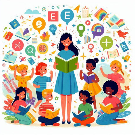 Vector illustration of a group of children reading books and doing homework.のイラスト素材