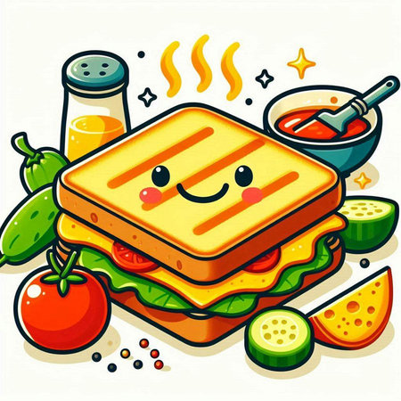 Illustration of a Smiling Sandwich with Vegetables and Spicesのイラスト素材
