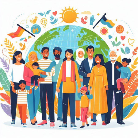Happy big family standing in front of the globe. Vector illustration.のイラスト素材