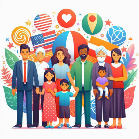 Happy family. Parents, children and grandparents. Colorful flat vector illustration.のイラスト素材