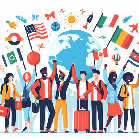 People Traveling Around the World. Group of People with Luggage, Globe, Flags and Airplanes. Cartoon Flat Vector Illustrationのイラスト素材